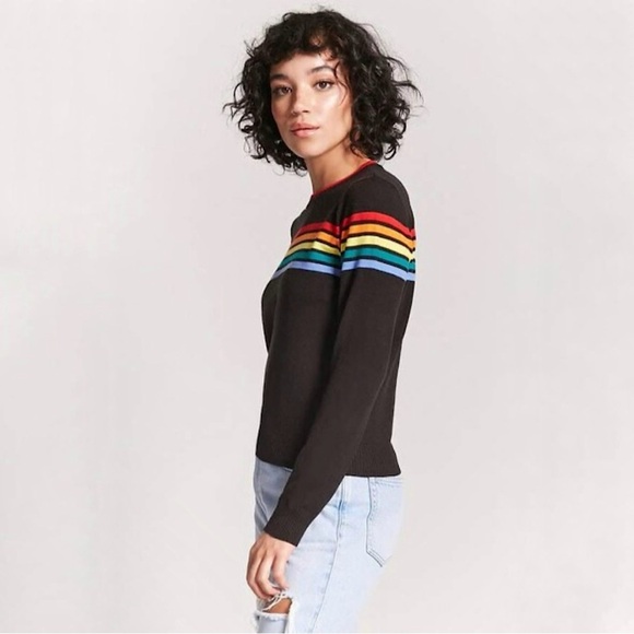 Forever 21 Multicolor Stripe Cropped Crewneck Sweater Black XS - Picture 2 of 8